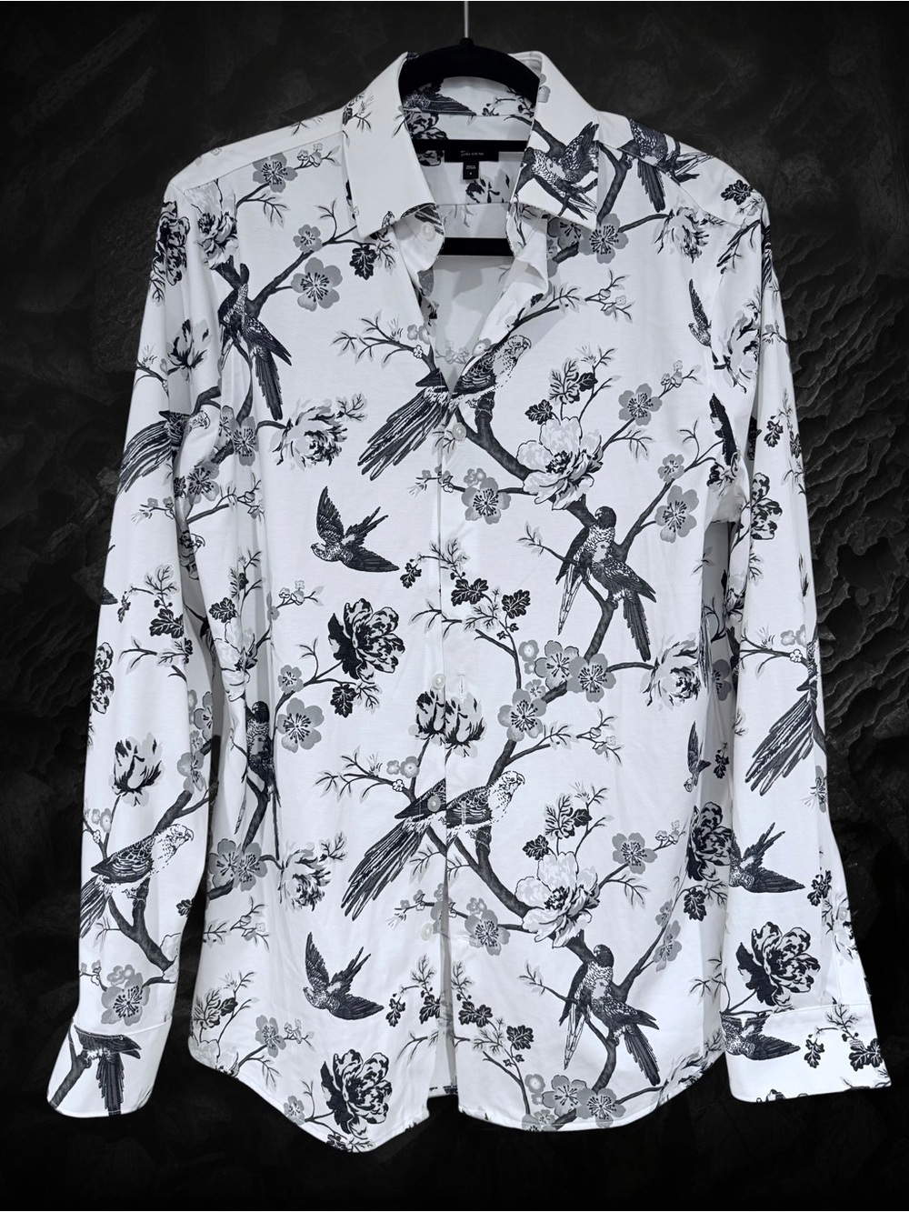 Express White Button-Down Shirt with Black Bird & Floral Print